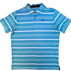 Nike Polo Shirt Men XL Teal Blue Striped Dri-FIT Golf Moisture Wicking Quick Dry